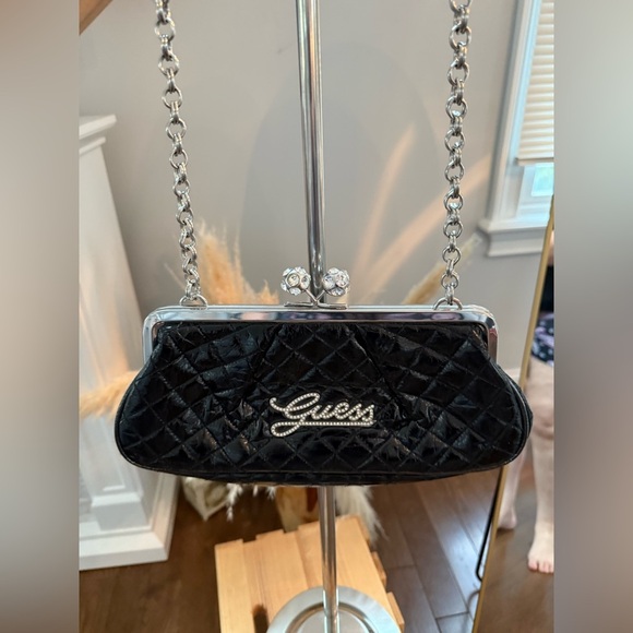 Guess Black Patent Leather Quilted Chain Bag - Picture 1 of 6